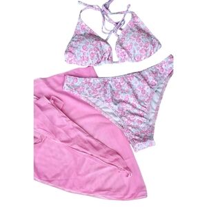 3 Pc Bikini Bathing Suit Set Pink/Gray Floral Size Small NWT